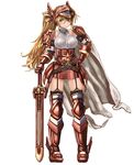  armor black_legwear breasts full_body garter_straps gauntlets greaves green_eyes hand_on_hip helmet jewelry large_breasts long_hair looking_at_viewer necklace original plaid plaid_skirt ponytail red_legwear skirt smile solo sword takahashi_rodemu thighhighs weapon 