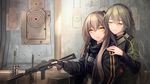  bangs black_gloves black_hairband black_jacket black_scarf brown_hair bullet_hole bulletproof_vest closed_mouth clothes_writing eyebrows_visible_through_hair fingerless_gloves girls_frontline gloves green_eyes green_hair gun h&amp;k_ump hair_between_eyes hairband half-closed_eyes hand_on_another's_shoulder heckler_&amp;_koch highres holding holding_gun holding_weapon indoors jacket long_hair long_sleeves looking_at_viewer multiple_girls npt_(akzkfhsk0503) open_clothes open_jacket scarf smile submachine_gun target_practice ump40_(girls_frontline) ump45_(girls_frontline) upper_body weapon yellow_eyes 