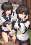  2girls adapted_costume arm_warmers bare_legs black_hair black_legwear blue_buruma blush breasts buruma collarbone commentary_request eyebrows_visible_through_hair fubuki_(kantai_collection) green_eyes hand_on_own_cheek highres holding_another&#039;s_arm holding_another's_arm ichikawa_feesu indoors isonami_(kantai_collection) kantai_collection long_hair long_sleeves looking_at_another looking_at_viewer multiple_girls open_mouth open_window pantyhose pointing ponytail school_uniform serafuku short_hair short_sleeves sidelocks small_breasts snow tatami window winter yellow_eyes 