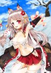  :3 :d absurdres animal_ears armpits azur_lane bandaged_arm bandages bare_tree blue_sky breasts claw_pose cloud cloudy_sky collar day dog_collar dog_ears dog_girl dog_tail dutch_angle eyebrows_visible_through_hair fang fingernails flower_knot hair_ornament highres hip_vent holding long_fingernails long_hair looking_at_viewer medium_breasts midriff miniskirt nail_polish navel open_mouth outdoors panties reaching_out red_collar red_eyes red_nails red_skirt ribbon-trimmed_skirt ribbon_trim sarashi shiny shiny_hair short_eyebrows side-tie_panties silver_hair skirt sky slit_pupils smile snow snowball solo standing standing_on_one_leg stomach tail tassel thick_eyebrows thighhighs tree underboob underwear v-shaped_eyebrows white_legwear white_panties winter yayotei yuudachi_(azur_lane) 