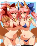  afuro animal_ears bell bell_collar bikini black_legwear blue_bikini blush breast_press breasts cat_paws cleavage closed_mouth collar collarbone commentary_request dual_persona fangs fate/grand_order fate_(series) fox_ears fox_shadow_puppet fox_tail gloves groin hair_ribbon jingle_bell large_breasts long_hair looking_at_viewer multiple_girls navel open_mouth paw_gloves paw_shoes paws pink_hair ponytail ribbon shoes side-tie_bikini swimsuit symmetrical_docking tail tamamo_(fate)_(all) tamamo_cat_(fate) tamamo_no_mae_(fate) white_legwear yellow_eyes 