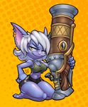  2017 breasts clothed clothing ear_piercing female fingers fur hair humanoid kneeling league_of_legends mammal midriff navel piercing purple_fur purple_skin ranged_weapon riot_games short_stack simple_background smile solo teckworks thick_thighs toes tristana_(lol) video_games weapon white_hair yellow_eyes yordle 