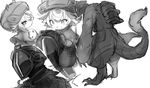  1girl :d backpack bag blush bondrewd capelet carrying claws creature eyebrows_visible_through_hair gloves greyscale hat helmet highres long_sleeves made_in_abyss meinya_(made_in_abyss) monochrome multiple_views open_mouth piggyback prushka short_hair simple_background smile spoilers standing suurin_(ksyaro) tail white_background 