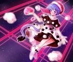  blue_eyes blue_hair blush boots commentary doremy_sweet dream_soul dress grin highres sheep slimesushi smile solo tail tapir_tail touhou 