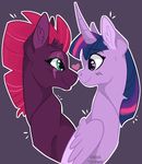  &lt;3 2017 absurd_res blush broken_horn bust_portrait cute duo equine eye_contact eye_scar eyebrows eyelashes faron-draws feathered_wings feathers female female/female fizzlepop_berrytwist_(mlp) friendship_is_magic fur grey_background hair hi_res horn inner_ear_fluff love makeup mammal mascara multicolored_hair my_little_pony my_little_pony_the_movie nuzzling pink_hair portrait purple_eyes scar signature simple_background smile teal_eyes tempest_shadow_(mlp) text twilight_sparkle_(mlp) unicorn winged_unicorn wings 