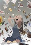  armpits artist_name commentary crying demizu_posuka eyes_closed gradient gradient_background grey_background hands_on_own_head highres kneeling light_brown_hair long_hair open_mouth original school_uniform screaming sketch sobbing tongue vest wrapper 