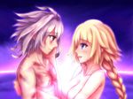  1boy 1girl ahoge bangs blonde_hair braid breasts brown_hair couple eyebrows_visible_through_hair face-to-face fate/apocrypha fate_(series) from_side hair_between_eyes hand_on_another&#039;s_face hozenkakari jeanne_d&#039;arc_(fate) jeanne_d&#039;arc_(fate)_(all) long_braid long_hair looking_at_another medium_breasts night night_sky purple_eyes red_eyes ruler_(fate/apocrypha) scar shirtless short_hair sieg_(fate/apocrypha) single_braid steam_censor very_long_hair 