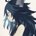  ahoge animal_ears bare_shoulders blue_hair blush closed_mouth collar commentary fenrir_(shingeki_no_bahamut) from_side granblue_fantasy grey_background long_hair metal_collar paprika_shikiso profile red_eyes shingeki_no_bahamut simple_background solo upper_body wolf_ears 