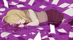  ahoge akamatsu_kaede artist_name blonde_hair closed_eyes crying danganronpa hair_ornament hairclip long_hair lying lying_on_water musical_note_hair_ornament necktie new_danganronpa_v3 paper pleated_skirt purple r2load school_uniform shirt skirt sleeping smile solo sweater_vest uniform water white_shirt 