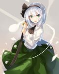  black_hairband black_neckwear black_ribbon commentary eyebrows_visible_through_hair green_eyes green_skirt hairband highres hitodama holding holding_sword holding_weapon juliet_sleeves katana konpaku_youmu konpaku_youmu_(ghost) long_sleeves looking_at_viewer neck_ribbon open_mouth petticoat puffy_sleeves ribbon rin_falcon sheath sheathed shirt short_hair silver_hair skirt smile solo sword touhou weapon white_shirt 