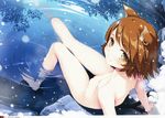 1girl brown_hair cat_ears cat_girl cat_tail cleft_of_venus earring looking_at_viewer nipples nude onsen short_hair small_breasts smile snow thigh_gap thighs water yellow_eyes 