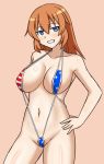  1girl american_flag_bikini areola_slip areolae bikini blue_eyes blush breasts brown_hair charlotte_e_yeager flag_print groin hachimitsu-b large_breasts looking_at_viewer navel smile solo strike_witches swimsuit swimwear world_witches_series 
