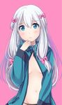  black_panties blue_eyes blush bow breasts breasts_apart closed_mouth eromanga_sensei eyebrows_visible_through_hair frown green_jacket groin hair_between_eyes hair_bow head_tilt izumi_sagiri jacket long_hair long_sleeves looking_away medium_breasts nao_(doublexdutch) navel no_bra open_clothes open_jacket panties pink_background pink_bow silver_hair solo underwear very_long_hair 