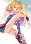  american_flag_legwear ankle_boots azur_lane blonde_hair blue_gloves blue_skirt boots capelet cleveland_(azur_lane) commentary covered_mouth fingerless_gloves floating_hair gloves hair_ornament highres invisible_chair knee_up legs long_hair looking_at_viewer multicolored multicolored_clothes multicolored_legwear pleated_skirt red_eyes sibyl sitting skirt solo white_capelet 