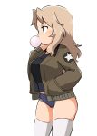  1girl black_shirt blonde_hair blue_eyes blue_shorts brown_jacket bubble_blowing chewing_gum commentary cowboy_shot cutoffs denim denim_shorts emblem eyebrows_visible_through_hair girls_und_panzer hair_intakes hamahara_yoshio hand_in_pocket hand_on_own_shoulder highres jacket kay_(girls_und_panzer) long_hair long_sleeves micro_shorts military military_uniform open_clothes open_jacket open_mouth saunders_military_uniform shirt shorts simple_background skindentation solo standing star thighhighs thighs uniform white_background white_legwear 