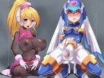  2girls alternate_breast_size bangs black_legwear blonde_hair blue_eyes bluespice blush bodystocking bodysuit breasts cameltoe capcom ciel_(rockman) covered_navel covered_nipples full_body gloves hair_between_eyes hand_between_legs headgear heart-shaped_pupils heels helmet high_heels high_ponytail highres large_breasts leviathan_(rockman) long_hair looking_at_viewer miniskirt open_mouth ponytail pussy red_eyes rockman rockman_zero saliva see-through shoes simple_background skirt smile spread_legs spread_pussy teeth thighhighs tight tight_clothes tongue white_gloves 