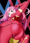  1girl artist_request ass bodysuit breasts code:002 darling_in_the_franxx eyebrows_visible_through_hair from_behind from_below green_eyes highres horns long_hair looking_at_viewer looking_down medium_breasts pink_hair red_bodysuit shiny shiny_clothes shiny_hair skin_tight solo zero_two_(darling_in_the_franxx) 
