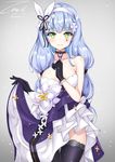  2018 3: bare_shoulders black_gloves black_legwear blue_hair blush breasts choker closed_mouth collarbone cowboy_shot dated dress dress_lift earrings girls_frontline gloves gradient gradient_background green_eyes hairband hk416_(girls_frontline) jewelry large_breasts long_hair number signature solo standing strapless strapless_dress thighhighs twitter_username unel very_long_hair 