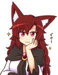  :3 animal_ear_fluff animal_ears brooch brown_hair chin_rest commentary doyagao hair_between_eyes hand_on_own_cheek head_rest imaizumi_kagerou jewelry long_hair long_sleeves looking_at_viewer red_eyes simple_background smile solo touhou upper_body white_background wide_sleeves wolf_ears wool_(miwol) 