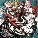  black_hair danganronpa hair_ornament hairclip harukawa_maki highres jewelry komatsuzaki_rui_(style) long_hair looking_at_viewer mole mole_under_eye monodam monofunny monokid monokuma monosuke monotarou_(danganronpa) new_danganronpa_v3 oyume plaid plaid_skirt pleated_skirt red_eyes red_legwear red_scrunchie school_uniform scrunchie serafuku sitting skirt thighhighs twintails very_long_hair 