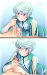  blush cum ejaculation erection handjob male_focus mikleo_(tales) orgasm penis penis_grab purple_eyes shailo smile solo_focus sorey_(tales) sweat tagme tales_of_(series) tales_of_zestiria teeth testicle_grab yaoi 