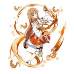  asuna_(sao) black_eyes brown_eyes brown_hair frilled_skirt frills full_body hair_ribbon holding japanese_clothes kimono leg_up long_hair looking_at_viewer low-tied_long_hair miniskirt nontraditional_miko official_art orange_ribbon orange_skirt red_ribbon ribbon ribbon-trimmed_sleeves ribbon_trim simple_background skirt solo sparkle standing standing_on_one_leg sword_art_online sword_art_online:_code_register thighhighs very_long_hair white_background white_kimono white_legwear white_ribbon 