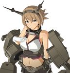  3d arm_behind_back bangs bare_shoulders black_skirt blush breasts brown_hair cleavage closed_mouth collar collarbone flipped_hair gloves green_eyes hair_between_eyes headgear highres kantai_collection large_breasts looking_at_viewer midriff mutsu_(kantai_collection) navel pleated_skirt ponpu-chou rigging short_hair simple_background skirt smokestack solo turret upper_body white_background white_gloves 