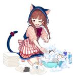  animal_ears artist_request barefoot bath blush braid brown_hair bubble_bath cat cat_ears cat_tail container hood kitten long_hair official_art open_mouth red_eyes skirt sleeves_past_elbows solo splashing squatting tail tail_ring towel transparent_background twin_braids uchi_no_hime-sama_ga_ichiban_kawaii wednesday_(uchi_no_hime-sama) wince 