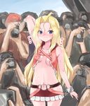  alternate_breast_size arm_behind_head arm_up bad_id bad_pixiv_id blonde_hair blue_eyes blurry blurry_background blush breasts closed_mouth commentary cosplay cowboy_shot crop_top crowd debutya_aki eyebrows_visible_through_hair frilled_skirt frills groin hair_intakes jacket kunihiro_hajime kunihiro_hajime_(cosplay) long_hair looking_at_viewer microskirt navel no_panties pink_jacket pink_skirt ryuumonbuchi_touka saki skirt small_breasts smile sweat thigh_cutout 