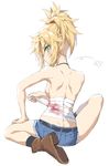  back bandages belt black_choker black_legwear blonde_hair blood bloody_bandages blush boots braid breasts brown_footwear butt_crack choker closed_mouth commentary_request crossed_bandaids cutoffs denim denim_shorts fate_(series) french_braid full_body green_eyes hand_on_own_thigh knee_boots kneehighs mordred_(fate) mordred_(fate)_(all) motion_lines pocket ponytail profile shiny shiny_hair shoe_soles short_shorts shorts shoulder_blades sideboob sidelocks simple_background sitting small_breasts solo spread_legs tonee topless v-shaped_eyebrows white_background 
