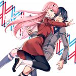  1girl :p black_hair blue_eyes boots darling_in_the_franxx dress hiro_(darling_in_the_franxx) horns long_hair looking_at_viewer nekogohan open_mouth pantyhose pink_hair shorts simple_background smile standing standing_on_one_leg tongue tongue_out uniform v white_background zero_two_(darling_in_the_franxx) 