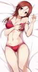  1girl bed blush bra breast_grab breasts bullseye1203 collarbone grabbing groin highres large_breasts minna-dietlinde_wilcke navel panties parted_lips red_bra red_eyes red_hair red_panties shiny shiny_skin solo strike_witches underwear underwear_only world_witches_series 
