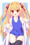  :d ass_visible_through_thighs bare_shoulders black_legwear blonde_hair blue_background blue_swimsuit blush collarbone commentary_request cowboy_shot hair_ribbon head_tilt highres irotoridori_no_sekai labcoat long_hair looking_at_viewer nikaidou_shinku off_shoulder one-piece_swimsuit open_mouth orange_eyes polka_dot polka_dot_background red_ribbon ribbon school_swimsuit smile solo swimsuit swimsuit_under_clothes taira_takehiro thighhighs two-tone_background two_side_up upper_teeth very_long_hair white_background 