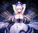  apron armpits arms_up azur_lane bangs belfast_(azur_lane) black_choker braid breasts buttons chain choker cleavage closed_mouth collar corset covered_nipples dress eyebrows_visible_through_hair eyes_visible_through_hair floating_hair french_braid frilled_apron frilled_dress frills gauntlets gloves large_breasts long_hair looking_at_viewer machinery maid maid_apron maid_headdress purple_eyes shirt silver_hair sleeveless sleeveless_dress smile solo wet wet_clothes wet_shirt white_apron white_gloves zekkyou_(h9s9) 