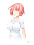  1girl aposine artist_name breasts collarbone eyebrows_visible_through_hair eyes_closed female highres large_breasts original pink_hair shirt short_hair short_sleeves signature simple_background smile solo text upper_body white_background white_shirt 