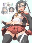  =_= ahoge amagiri_(kantai_collection) arms_behind_head black_hair black_legwear blush breasts budget_sarashi cosplay covered_nipples fang fingerless_gloves gloves gorget grey-framed_eyewear grey_hair hair_ornament hand_on_hip highres jacket_on_shoulders kantai_collection kiyoshimo_(kantai_collection) long_hair looking_at_viewer multiple_girls musashi_(kantai_collection) musashi_(kantai_collection)_(cosplay) navel open_mouth sagiri_(kantai_collection) sakuramon sarashi school_uniform serafuku side_ponytail simple_background skirt small_breasts smile thighhighs translated white_background yoshi_tama 