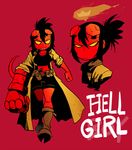  belt bike_shorts black_hair broken_horn demon demon_girl demon_tail fingerless_gloves genderswap genderswap_(mtf) gloves gun hellboy hellboy_(comic) holster hooves horns jacket navel ponytail rariatto_(ganguri) red_skin sidelocks solo standing tail utility_belt weapon yellow_eyes 