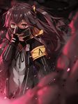  arm_at_side armband bangs belt black_gloves black_ribbon brown_eyes brown_hair buckle buttons explosive fingerless_gloves floating_hair gas_mask girls_frontline gloves grenade gun hair_between_eyes hair_ornament hand_on_mask highres hood hooded_jacket jacket light_particles long_hair looking_at_viewer one_side_up pot-palm ribbon scar scar_across_eye scarf shirt skirt smile smoke smoke_grenade solo strap submachine_gun twintails ump45_(girls_frontline) unzipped weapon white_shirt wind wind_lift 