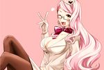  adachi_imaru blush breasts choker cleavage commentary_request earrings fang fang_out fate/grand_order fate_(series) formal glasses gloves hat heart jewelry koyanskaya large_breasts long_hair looking_at_viewer midriff_peek one_eye_closed pantyhose pink_background pink_hair ribbon ribbon_choker smile solo suit v very_long_hair white_gloves yellow_eyes 