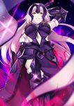  arm_warmers armor breasts chain eyebrows_visible_through_hair fate/grand_order fate_(series) gauntlets glint glowing glowing_weapon hand_up headpiece holding holding_sword holding_weapon jeanne_d'arc_(alter)_(fate) jeanne_d'arc_(fate)_(all) large_breasts light_particles long_hair looking_down navel parted_lips purple_armor romuni smile solo standing sword weapon white_hair yellow_eyes 