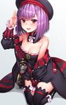  automaton_(object) bangs bare_shoulders belt black_legwear breasts cleavage colonel_olcott_(fate/grand_order) detached_collar doll dress fate/grand_order fate_(series) hat helena_blavatsky_(fate/grand_order) highres jacket kaerunoko looking_at_viewer open_mouth purple_eyes purple_hair salute short_hair small_breasts smile solo strapless strapless_dress tree_of_life 