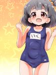  1girl bare_arms bare_shoulders black_hair blush brown_eyes collarbone eyebrows_visible_through_hair female flat_chest gluteal_fold hair_bobbles hair_ornament idolmaster idolmaster_million_live! looking_at_viewer nakatani_iku nami_makoto one-piece_swimsuit open_mouth solo star starry_background 
