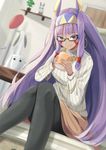  2hands1cup animal_ears bangle bangs bespectacled black-framed_eyewear black_legwear blunt_bangs blurry blurry_background bracelet commentary_request cup dark_skin earrings facial_mark fate/grand_order fate_(series) glasses hairband highres holding holding_cup hoop_earrings igakusei indoors jewelry long_hair looking_at_viewer medjed miniskirt nitocris_(fate/grand_order) pantyhose plant potted_plant purple_eyes purple_hair semi-rimless_eyewear skirt smile solo sweater under-rim_eyewear very_long_hair white_sweater 