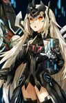  absurdres black_legwear black_leotard bodysuit code:_ultimate_(elsword) cowboy_shot elsword eve_(elsword) floating_hair highres leotard long_hair open_mouth orange_eyes silver_hair solo standing thighhighs very_long_hair warbler 