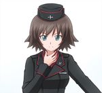  bangs black_hat black_jacket blue_eyes brown_hair closed_mouth commentary_request dress_shirt frown garrison_cap girls_und_panzer hand_on_own_neck hat jacket kuromorimine_military_uniform long_sleeves looking_at_viewer mauko_(girls_und_panzer) military military_hat military_uniform omachi_(slabco) red_shirt shirt short_hair simple_background solo throat_microphone uniform upper_body white_background 