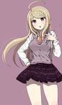  ahoge akamatsu_kaede bad_id bad_pixiv_id beamed_eighth_notes beamed_sixteenth_notes black_skirt blonde_hair blush breasts danganronpa eighth_note eyebrows_visible_through_hair hair_ornament hairclip half_note long_hair looking_at_viewer medium_breasts musical_note musical_note_hair_ornament musical_note_print new_danganronpa_v3 pleated_skirt pointing pointing_at_self purple_eyes sailor_collar school_uniform serafuku skirt ssumbi 