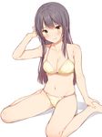  arm_up bangs bare_legs barefoot black_hair blush bra breasts cleavage eyebrows_visible_through_hair full_body hand_on_feet long_hair looking_at_viewer medium_breasts mikazuchi_zeus navel original panties parted_lips shadow simple_background sitting smile solo stomach underwear underwear_only wariza white_background yellow_bra yellow_eyes yellow_panties 