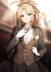  bad_id bad_pixiv_id bangs blonde_hair blurry blurry_background blush brown_jacket brown_neckwear brown_vest chain collared_shirt commentary cowboy_shot depth_of_field eyebrows_visible_through_hair fate/grand_order fate_(series) flower gambe gloves green_eyes grey_pants grin hair_ornament hair_scrunchie hand_up highres jacket light_particles looking_at_viewer mordred_(fate) mordred_(fate)_(all) necktie neckwear_grab open_clothes open_jacket pants parted_bangs parted_lips ponytail red_scrunchie scrunchie shirt smile solo standing v-shaped_eyebrows vest white_flower white_gloves wing_collar 