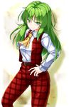  aka_tawashi ascot bangs belt blush breasts closed_mouth collar collared_shirt contrapposto cowboy_shot eyebrows_visible_through_hair green_eyes green_hair hand_on_hip highres kazami_yuuka kazami_yuuka_(pc-98) large_breasts long_hair long_sleeves looking_at_viewer open_clothes open_vest pants plaid plaid_pants plaid_vest red_pants shadow shirt shoes smile solo standing touhou touhou_(pc-98) vest white_shirt yellow_neckwear 