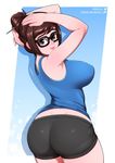  ass bike_shorts black-framed_eyewear breasts curvy from_behind glasses hair_ornament hairpin impossible_clothes large_breasts looking_back mei_(overwatch) neocoill overwatch solo tank_top thick_thighs thighs 